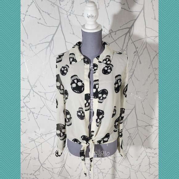 Streetwear Society Ivory Skulls Printed Sheer Tie Front Blouse - Picture 1 of 4